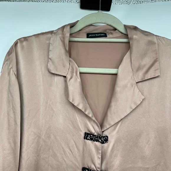 Natori Blush Satin Pajama Top with Black Lace - Picture 3 of 7